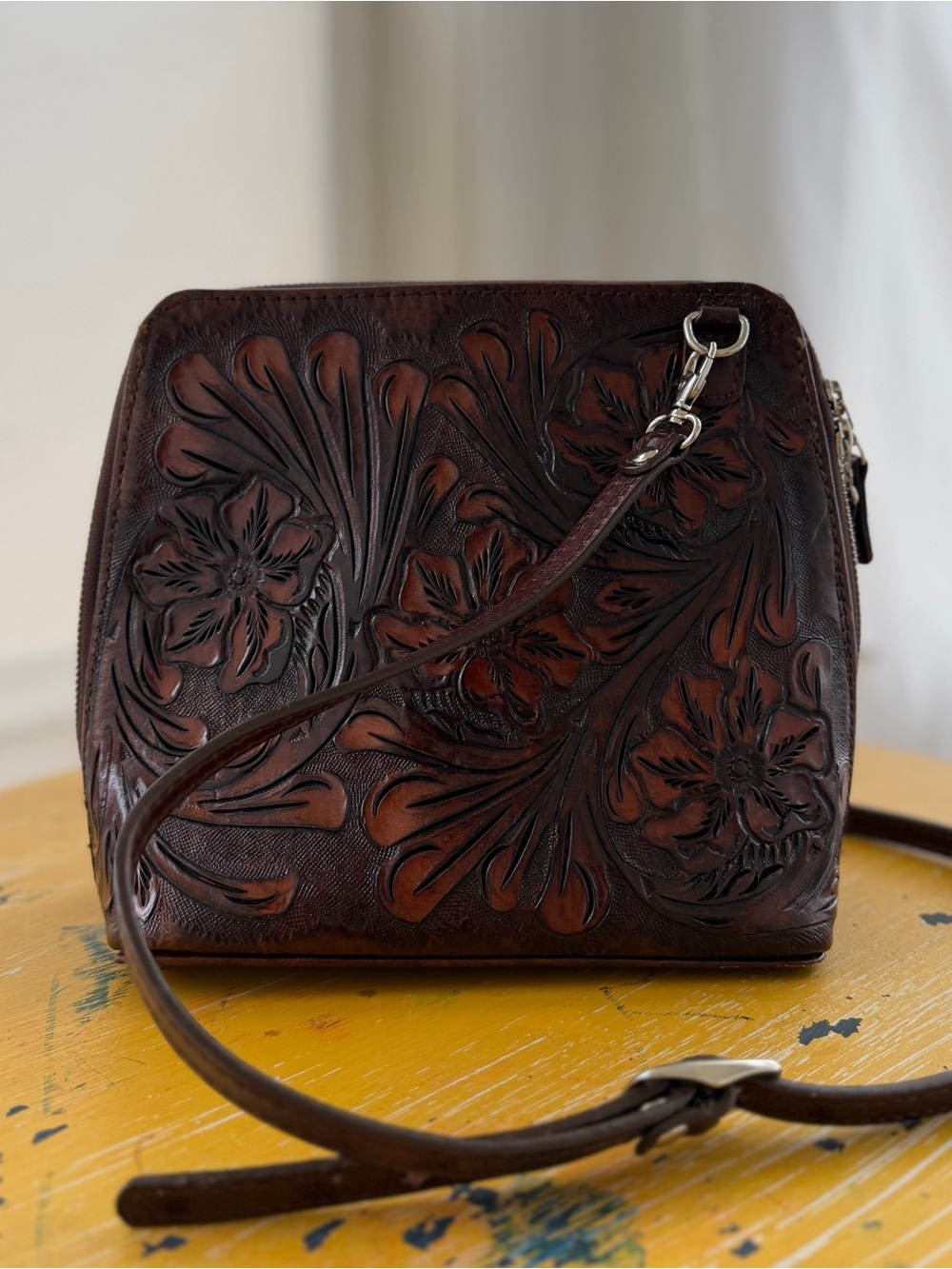 Hand-Tooled Floral Crossbody Bag in Dark Brown Leather